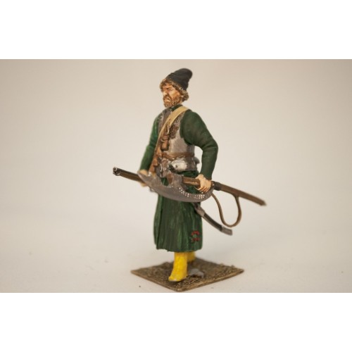 Стрелец в шапке, с мушкетом, бердыш за спиной